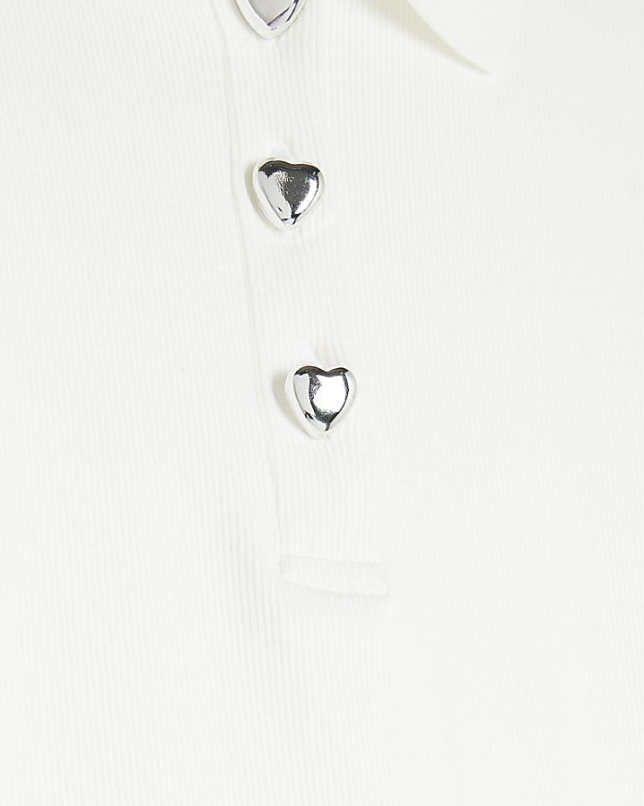 White Short Sleeve Heart Button Polo Top