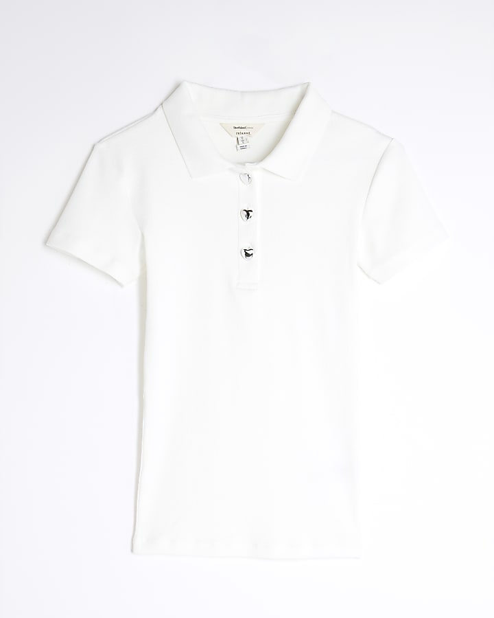 White Short Sleeve Heart Button Polo Top