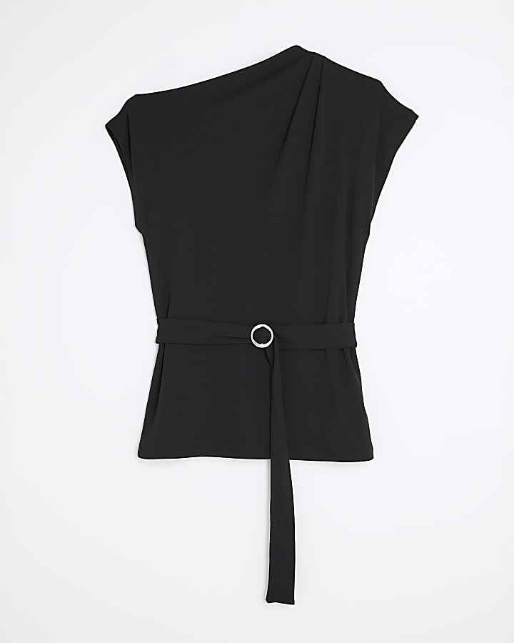 Black Sleeveless Slinky Ruched Belted Top