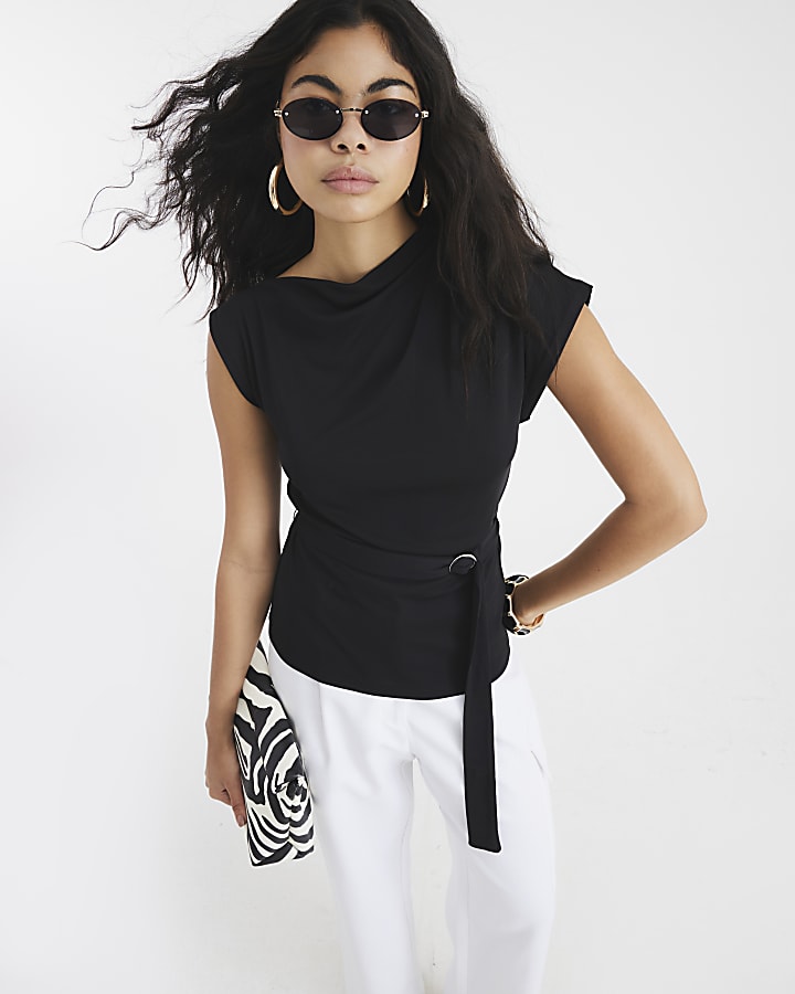 Black Sleeveless Slinky Ruched Belted Top