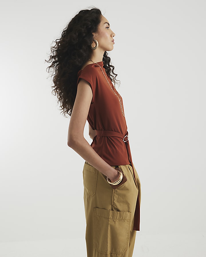 Brown Sleeveless Slinky Ruched Belted Top