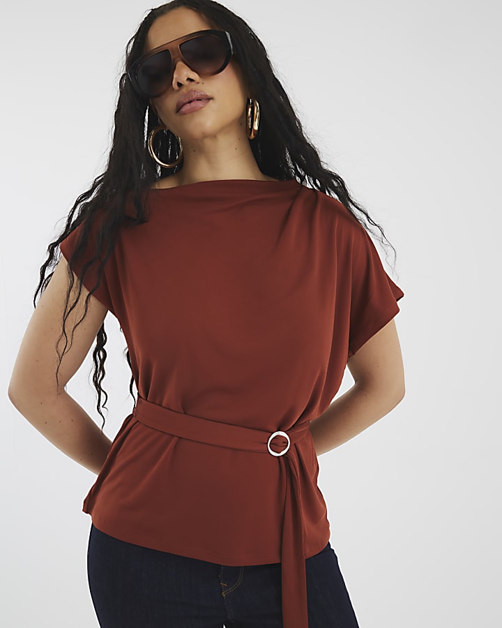 Brown Sleeveless Slinky Ruched Belted Top
