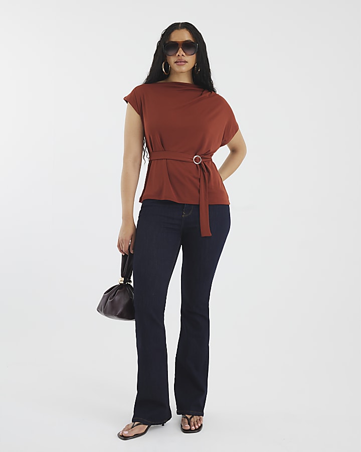 Brown Sleeveless Slinky Ruched Belted Top