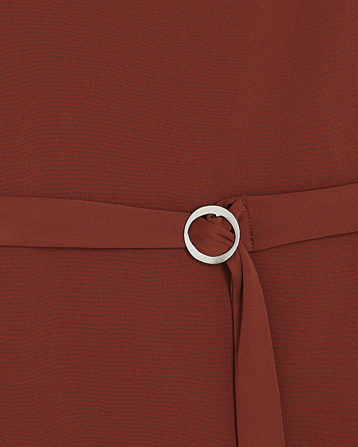 Brown Sleeveless Slinky Ruched Belted Top