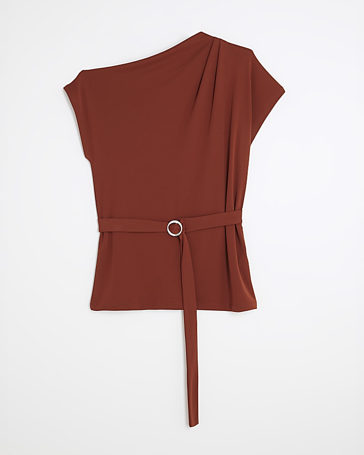 Brown Sleeveless Slinky Ruched Belted Top