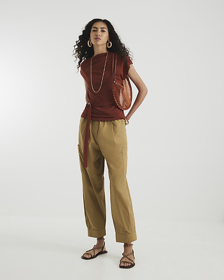 Brown Sleeveless Slinky Ruched Belted Top