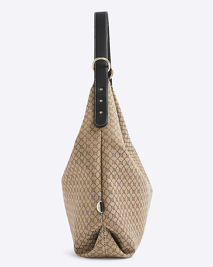 Brown Monogram Print Slouch Shoulder Bag