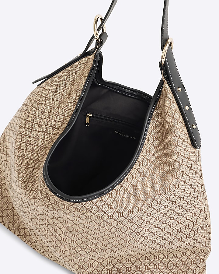 Brown Monogram Print Slouch Shoulder Bag