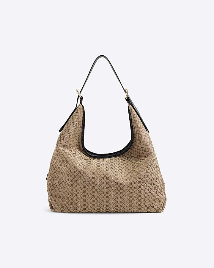 Brown Monogram Print Slouch Shoulder Bag