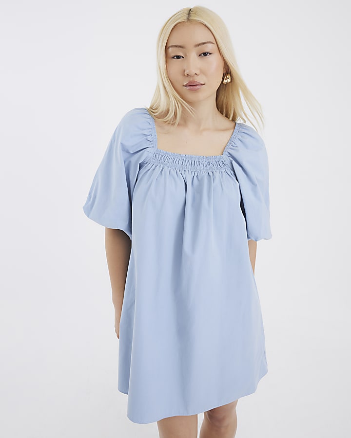 Blue Puff Sleeve Mini Dress