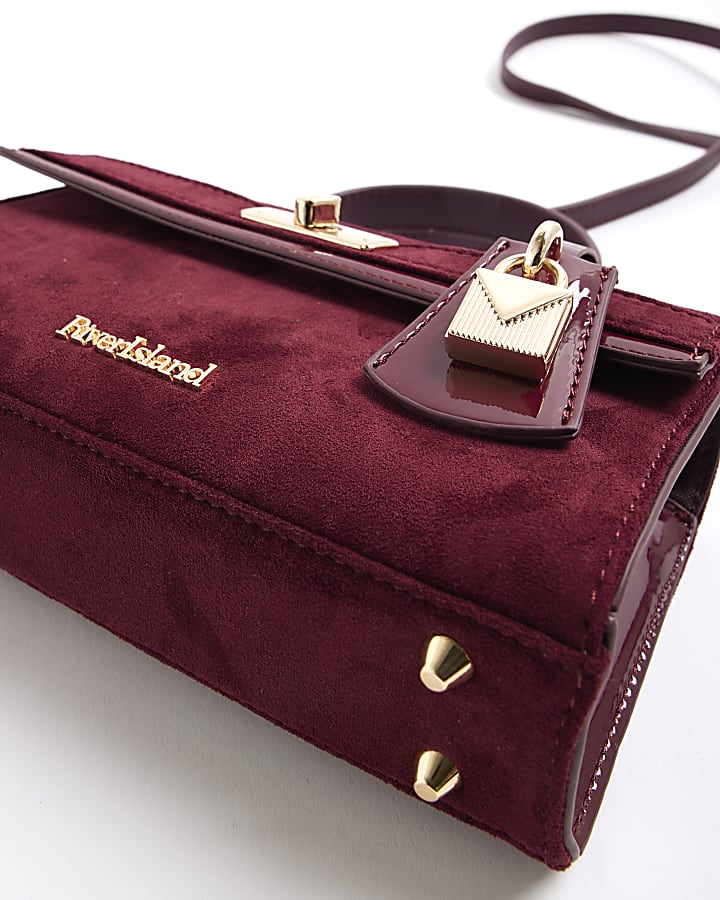 Red Faux Suede Front Lock Tote Bag
