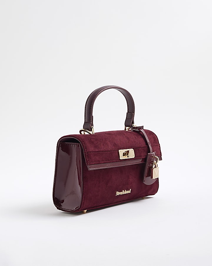 Red Faux Suede Front Lock Tote Bag