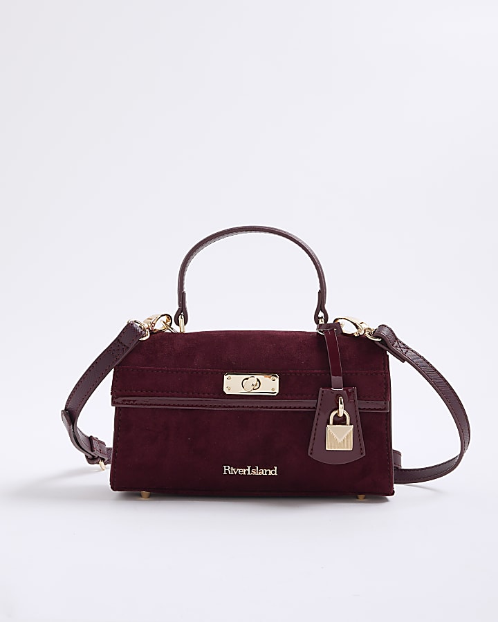 Red Faux Suede Front Lock Tote Bag