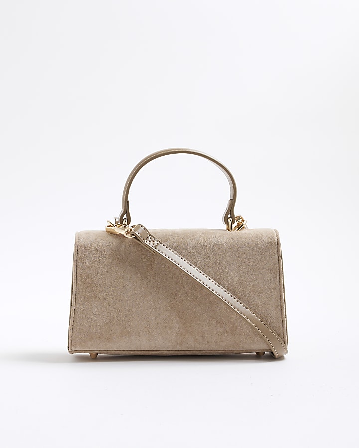 Beige Faux Suede Lock Front Tote Bag