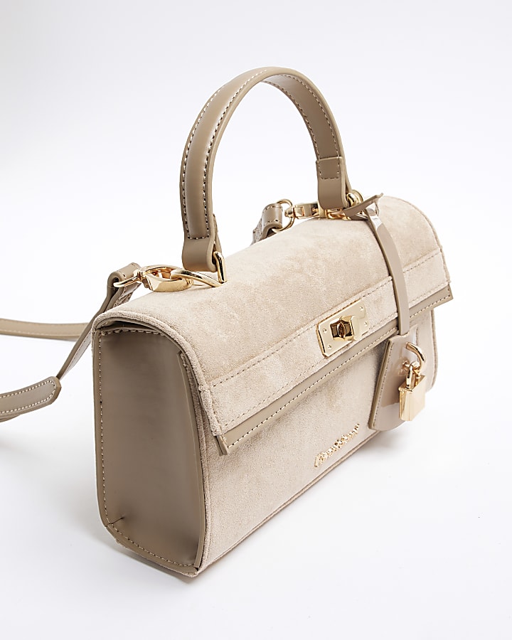 Beige Faux Suede Lock Front Tote Bag