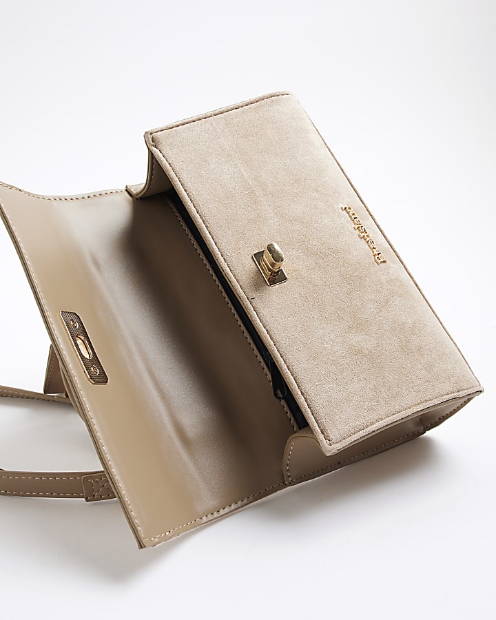 Beige Faux Suede Lock Front Tote Bag