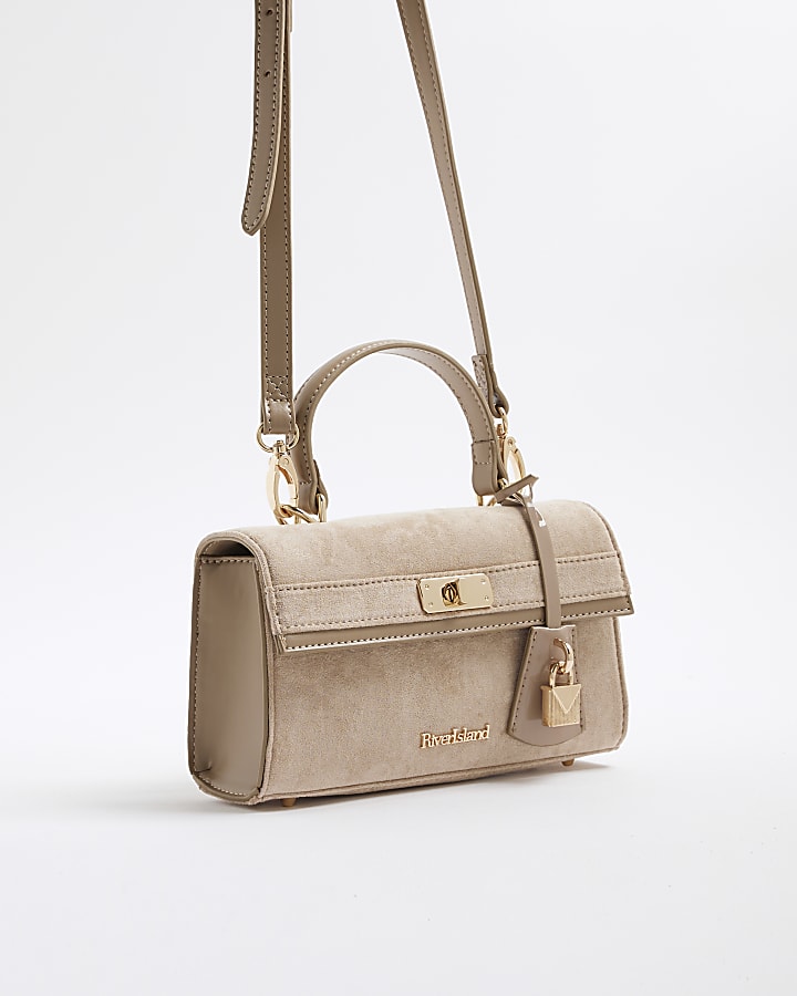 Beige Faux Suede Lock Front Tote Bag