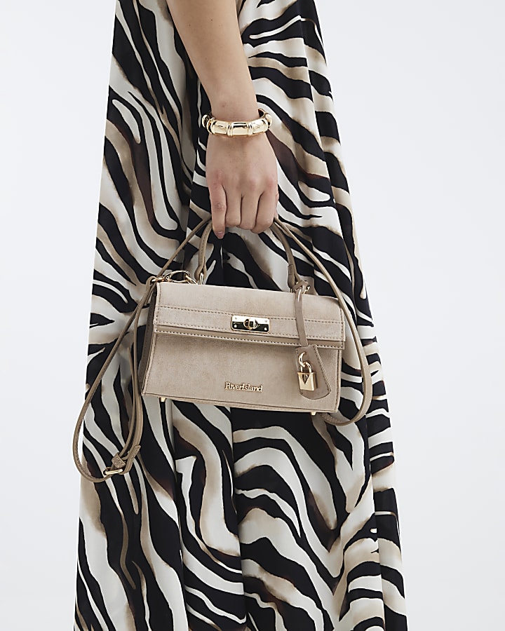 Beige Faux Suede Lock Front Tote Bag