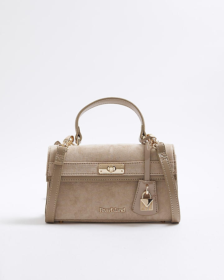 Beige Faux Suede Lock Front Tote Bag