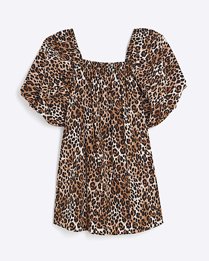 Brown Leopard Print Puff Sleeve Mini Dress