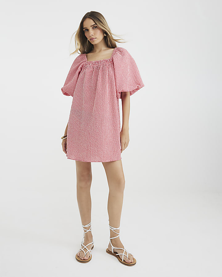 Red Gingham Short Puff Sleeve Mini Dress