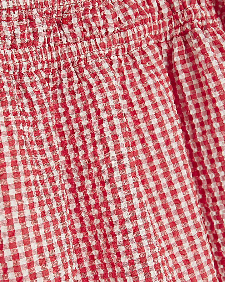 Red Gingham Short Puff Sleeve Mini Dress