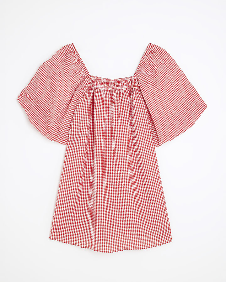 Red Gingham Short Puff Sleeve Mini Dress