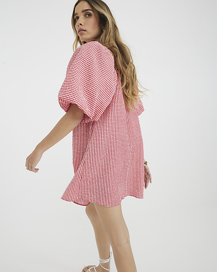 Red Gingham Short Puff Sleeve Mini Dress