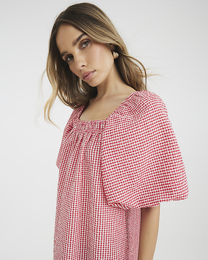 Red Gingham Short Puff Sleeve Mini Dress