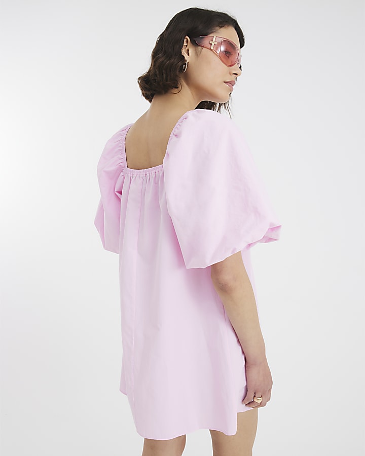 Pink Short Puff Sleeve Mini Dress