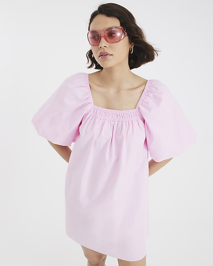 Pink Short Puff Sleeve Mini Dress
