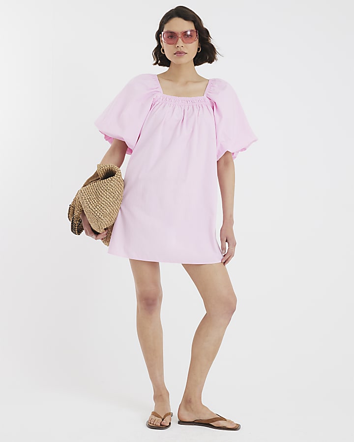 Pink Short Puff Sleeve Mini Dress
