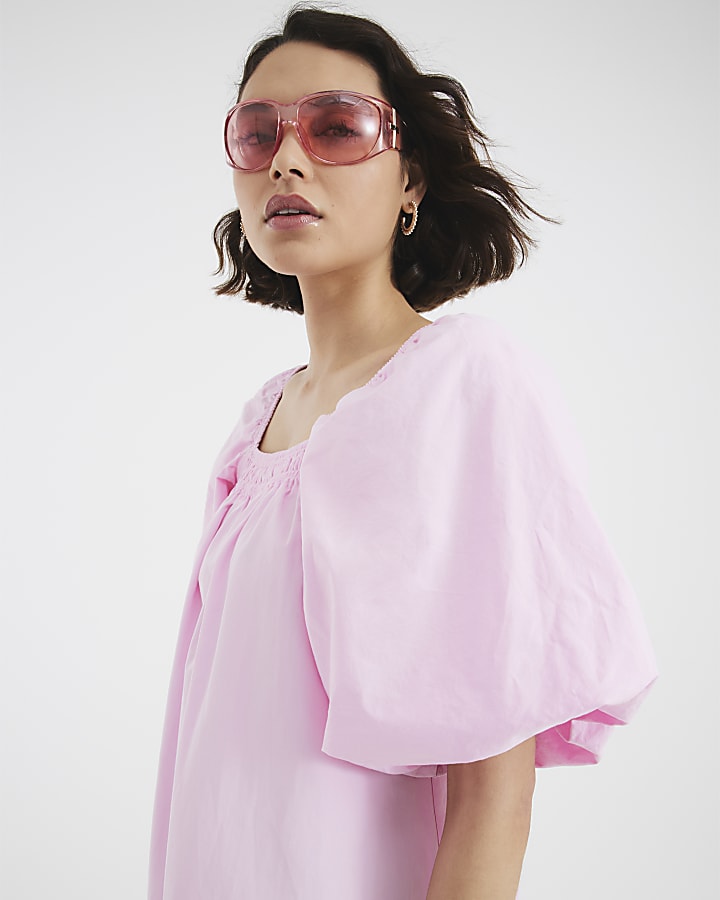 Pink Short Puff Sleeve Mini Dress