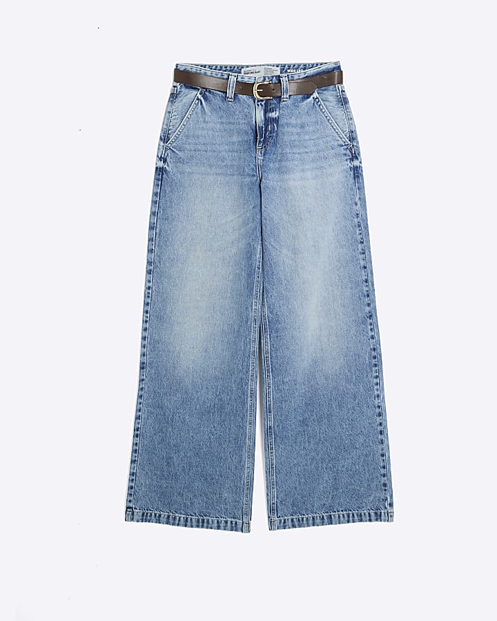 Blue Belted Low Rise Baggy Wide Leg Jeans