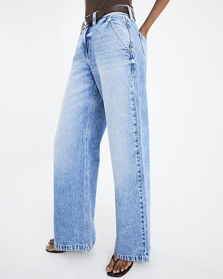 Blue Belted Low Rise Baggy Wide Leg Jeans