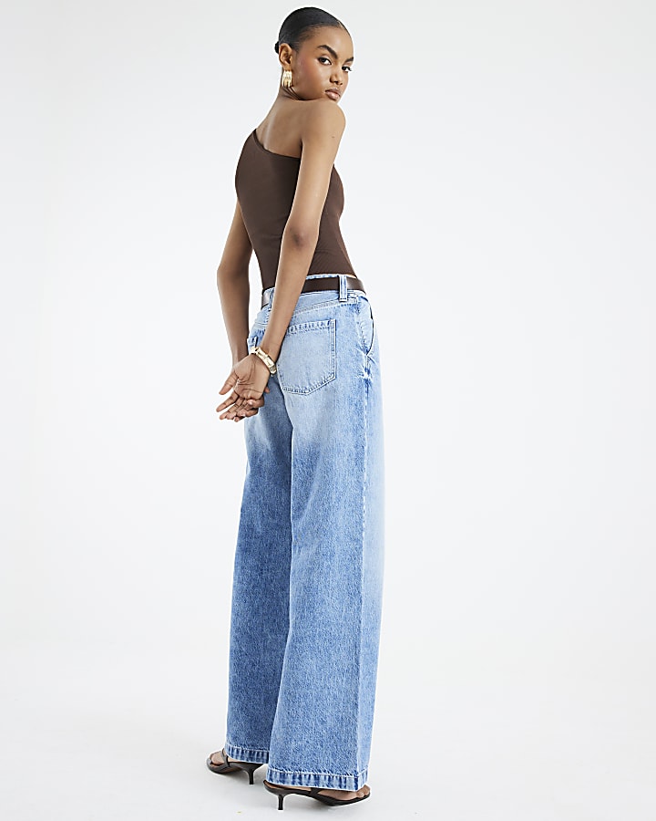 Blue Belted Low Rise Baggy Wide Leg Jeans