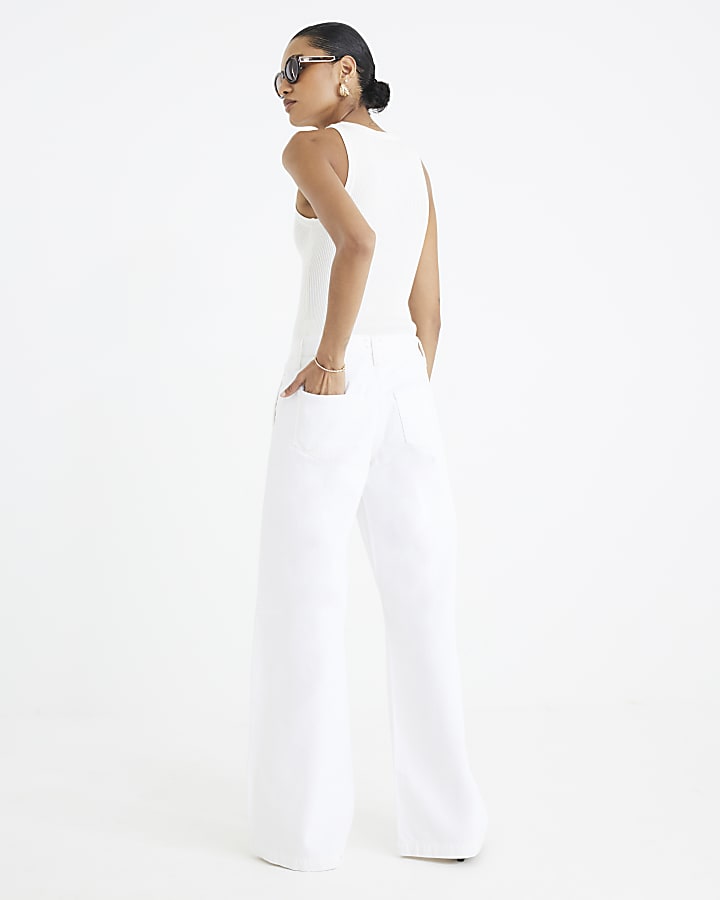 White Low Rise Baggy Wide Leg Jeans