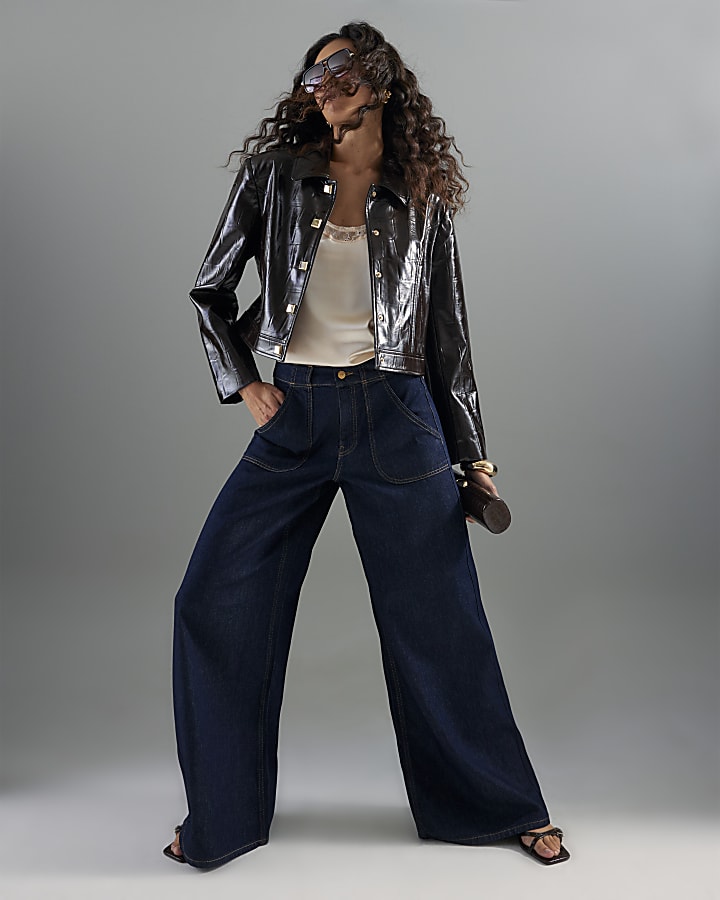 Blue Mid Rise Tailored Wide Leg Jeans