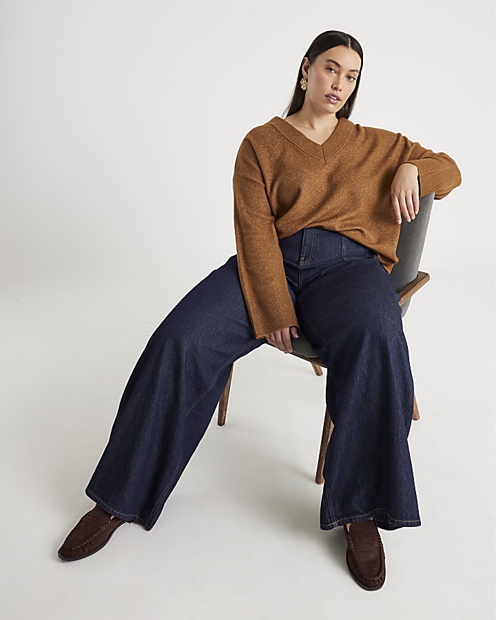 Blue Mid Rise Tailored Wide Leg Jeans