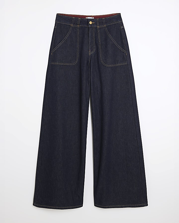 Blue Mid Rise Tailored Wide Leg Jeans