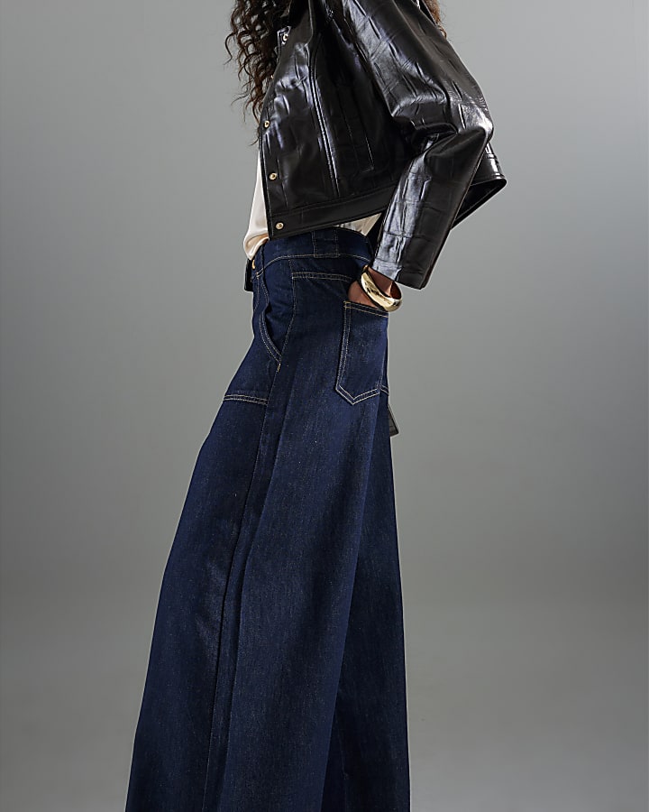 Blue Mid Rise Tailored Wide Leg Jeans