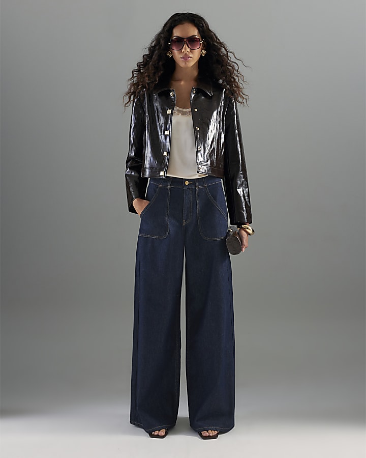 Blue Mid Rise Tailored Wide Leg Jeans