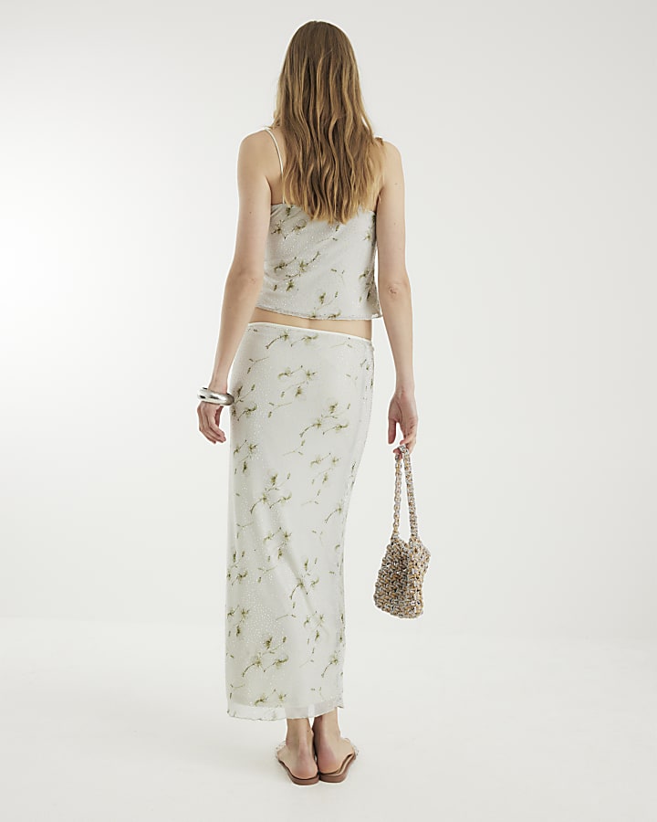 Cream Floral Diamante Mesh Midi Skirt