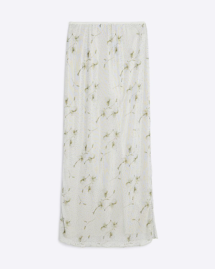 Cream Floral Diamante Mesh Midi Skirt