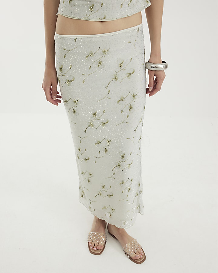 Cream Floral Diamante Mesh Midi Skirt