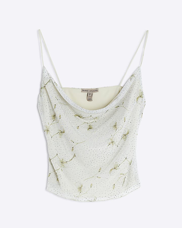 Cream Floral Diamante Mesh Cami Top