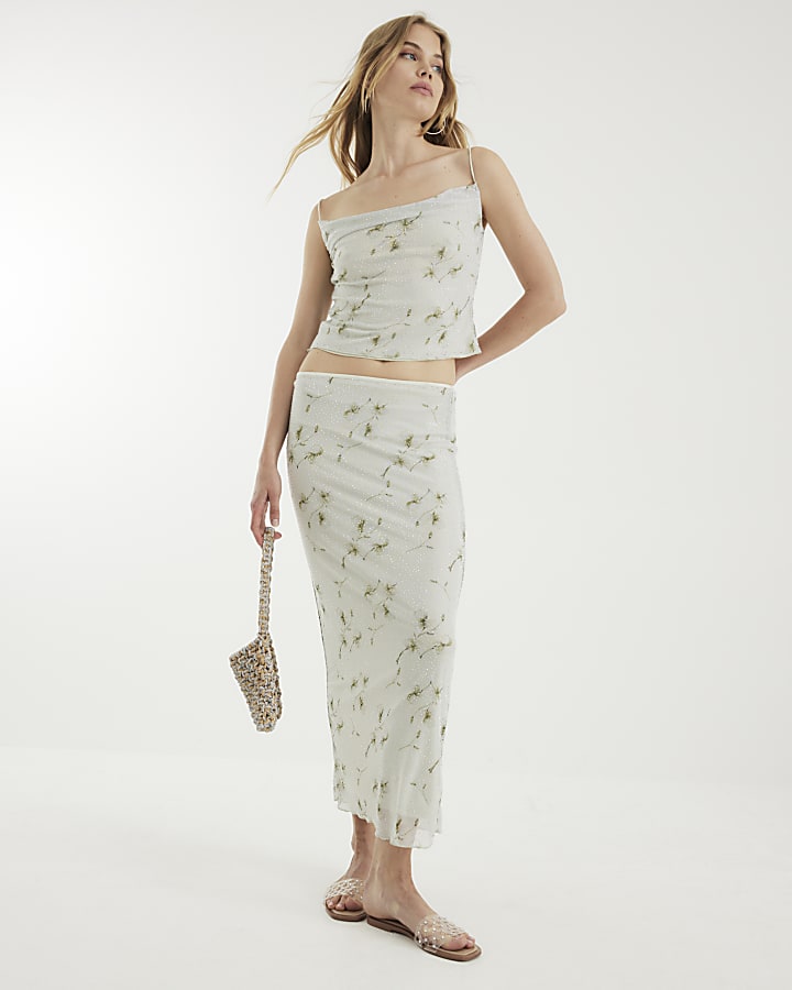Cream Floral Diamante Mesh Cami Top