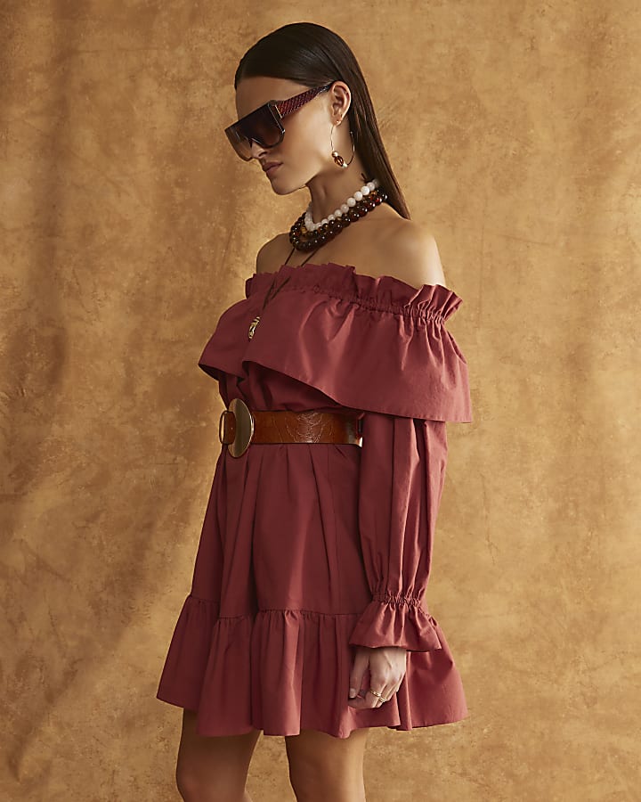 Red Frill Long Sleeve Bardot Mini Dress
