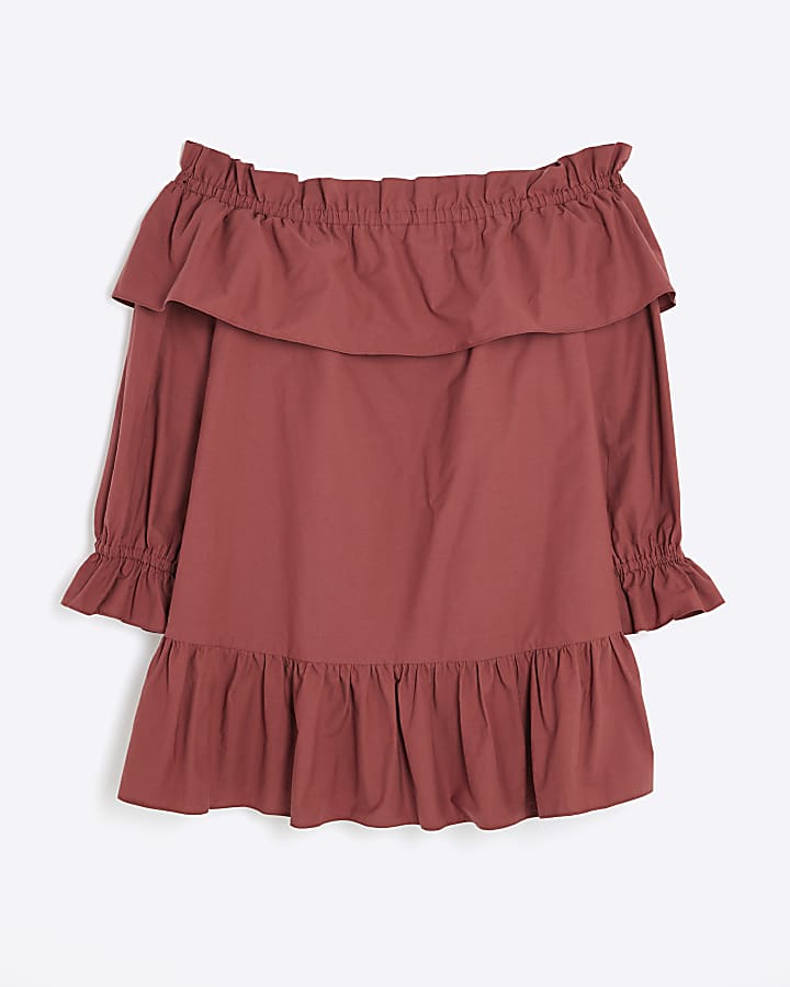 Red Frill Long Sleeve Bardot Mini Dress