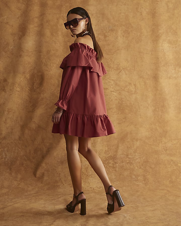 Red Frill Long Sleeve Bardot Mini Dress
